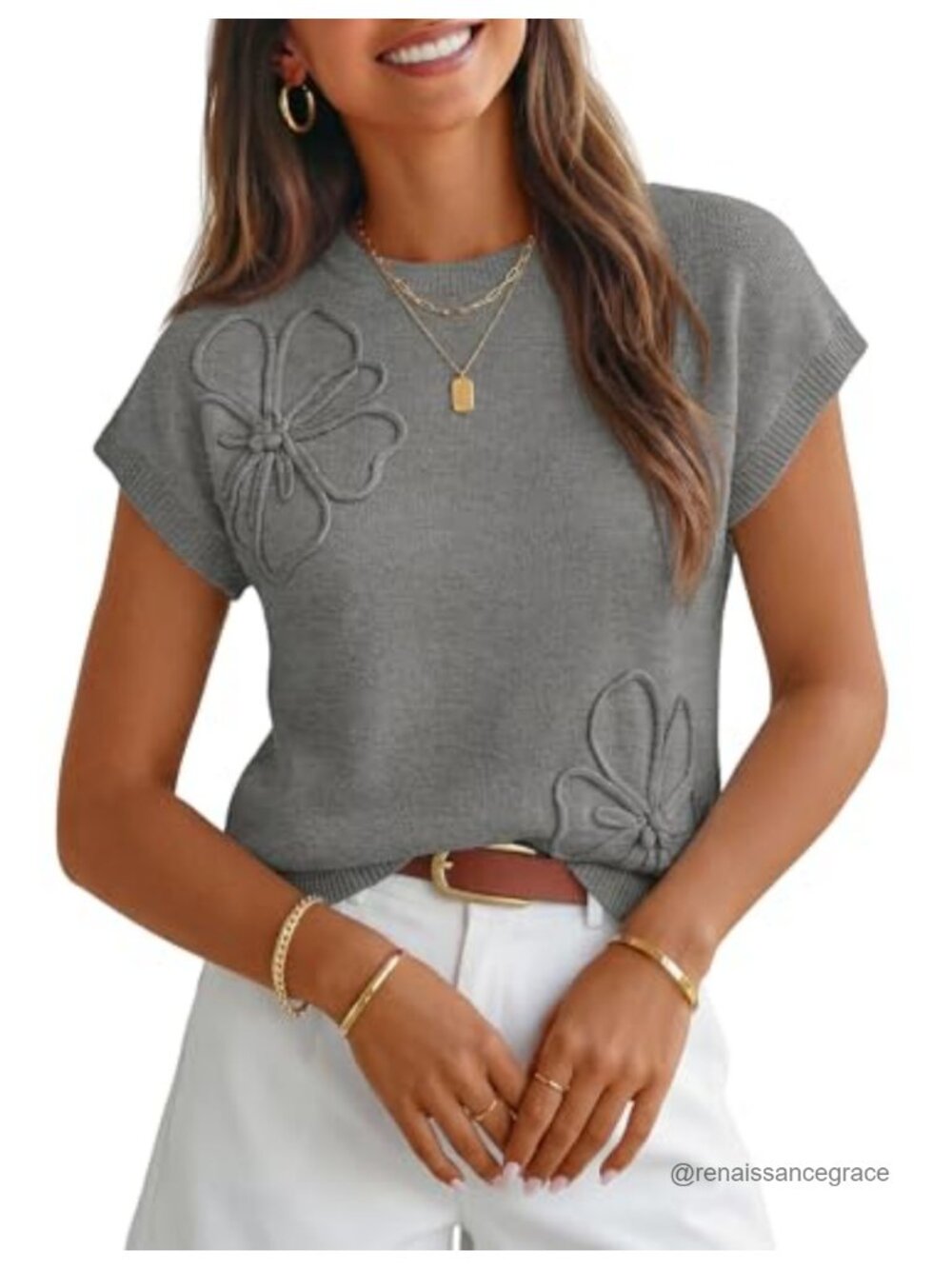 Floral Knit Cap Sleeve Sweater Vest Crew Neck Ribbed Trim